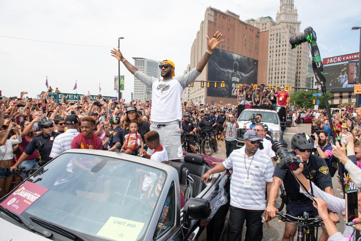 LeBron James celebrates during the Cleveland Cavaliers' 2016 championship victory parade and rally on June 22.