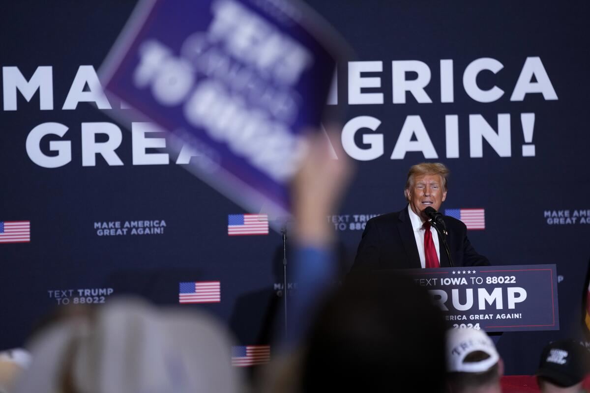The blurred image of a hand waving a blue-and-white sign from a crowd as former President Trump speaks in the background
