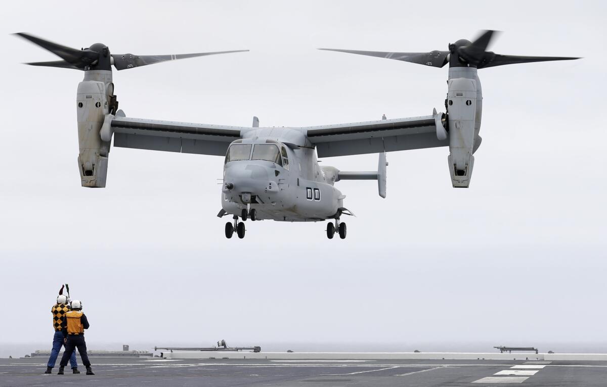 An MV-22 Osprey similar to the one which a Marine was forced to bail out of in the Persian Gulf.