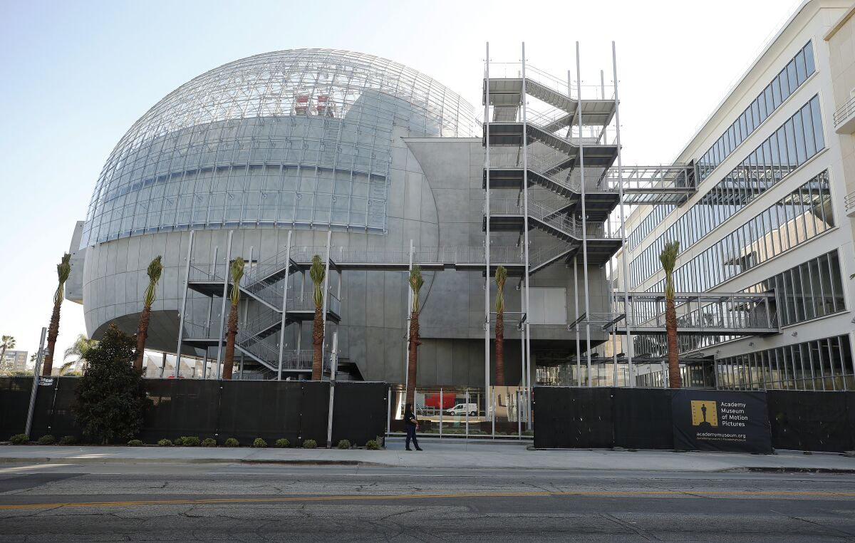 The spherical theater attached to the historic May Company building at the Academy Museum of Motion Pictures.