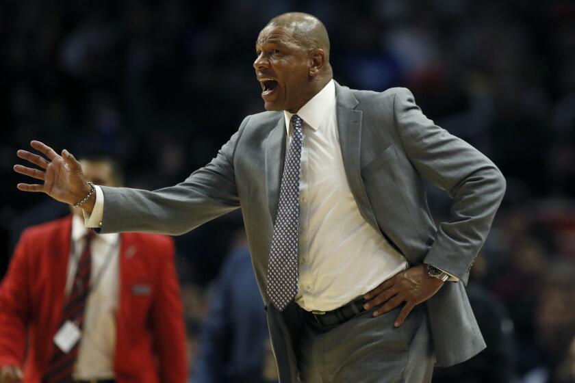 Los Angeles Clippers head coach Doc Rivers yells out during the second half of an NBA basketball game against the Dallas Mavericks in Los Angeles, Monday, Feb. 25, 2019. (AP Photo/Alex Gallardo)