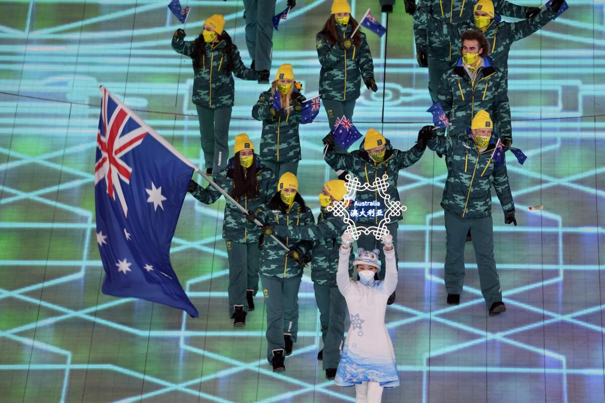 Australia's delegation walks during the parade of nations at the Beijing Olympics opening ceremony on Friday.