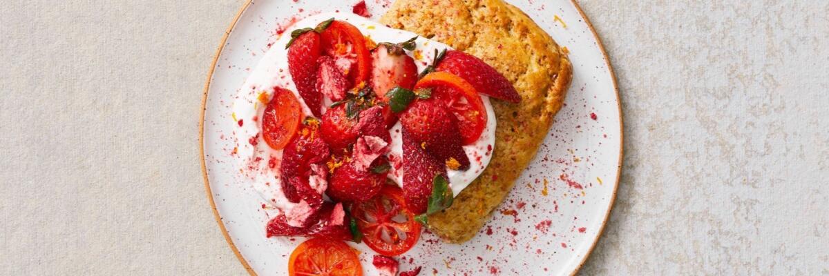 A plate of strawberry-mandarinquat shortcake made using Sqirl baker Elise Fields' recipe.