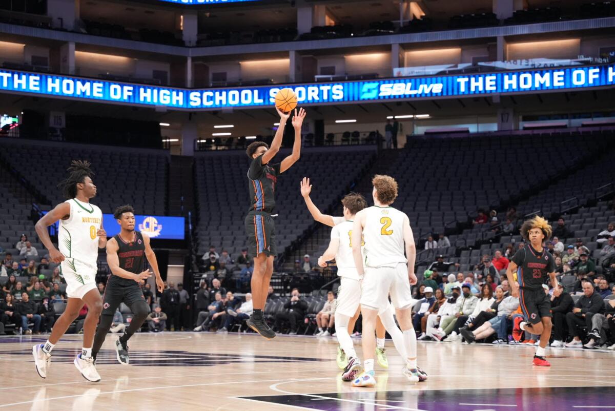 Sophomore Alijah Arenas of Chatsworth pulls up for a jump shot against Monterey in the Division IV state championship game.