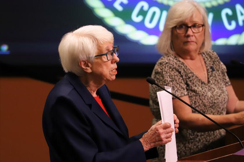 Shirley Dettoff speaks to the Huntington Beach City Council disagreeing with the idea of voting to get ride of the Mobile Home Advisory Board during the Huntington Beach City Council meeting at the Huntington Beach City Hall Council Chambers in Huntington Beach on Tuesday, August 1, 2023. (Photo by James Carbone)