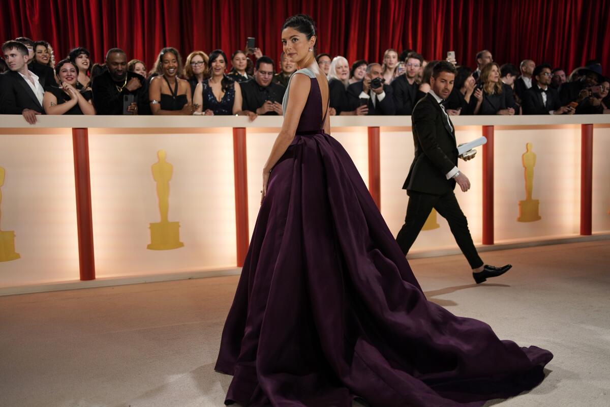 Mónica Barbaro posa con diseño en dos tonos de Elie Saab en la alfombra de los Oscar.