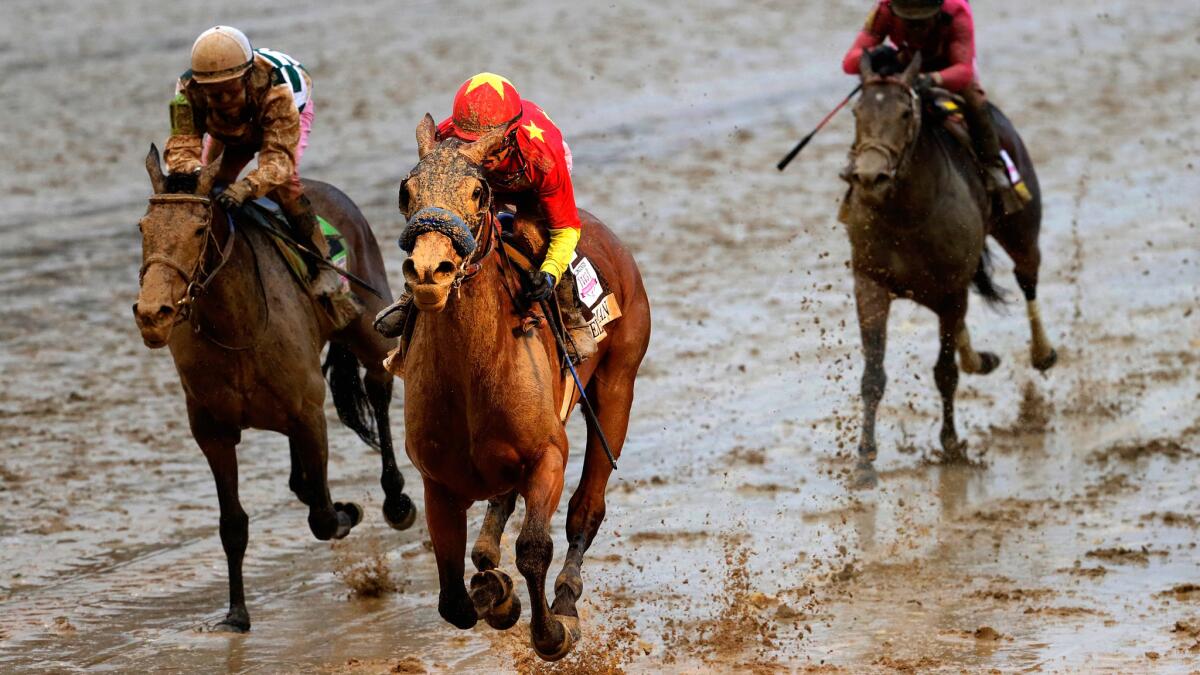 Jockey Mike Smith guides Abel Tasman down the stretch to win the 143rd running of the Kentucky Oaks at Churchill Downs.