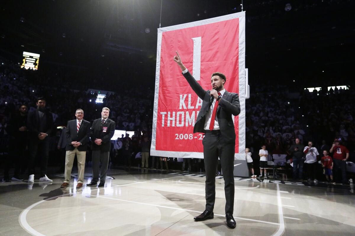 Golden State star Klay Thompson speaks during his jersey retirement ceremony at halftime of Washington State's win Jan. 18, 2020.