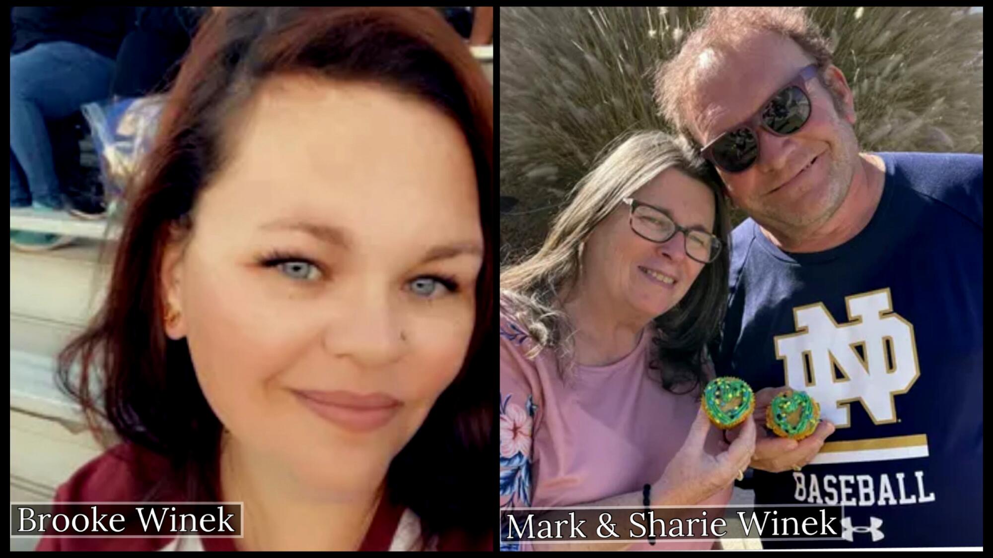 Family photo of slain victims Brooke Winek, 38, and her parents Sharie Winek, 65, and Mark Winek, 69.