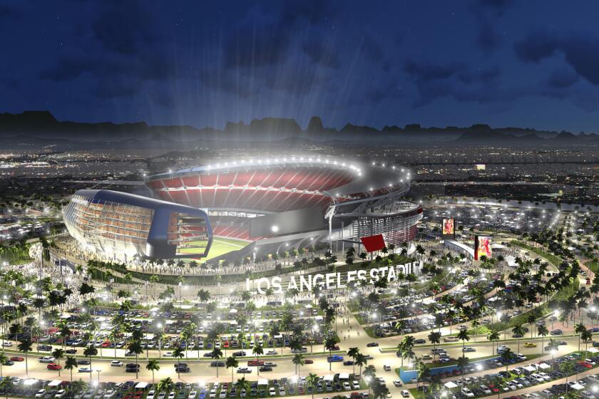 An artist's rendering displays the proposed NFL stadium for the Raiders and Chargers in Carson.