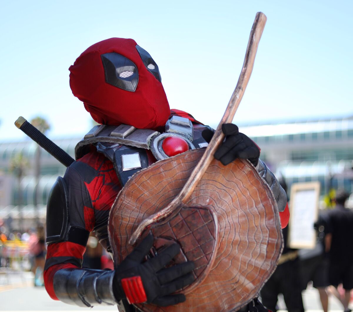 Davit Dent-Taise of Los Angeles dressed as a Scottish Deadpool at Comic-Con International in San Diego on July 19, 2019.