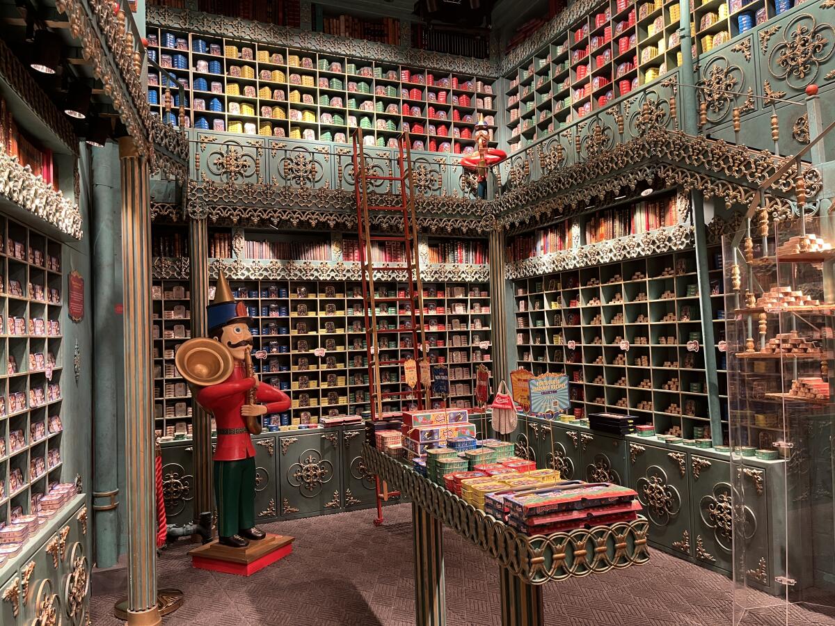 A view of the ornate architectural shelves full of tinned fish at the "Fantastic World of the Sardine"
