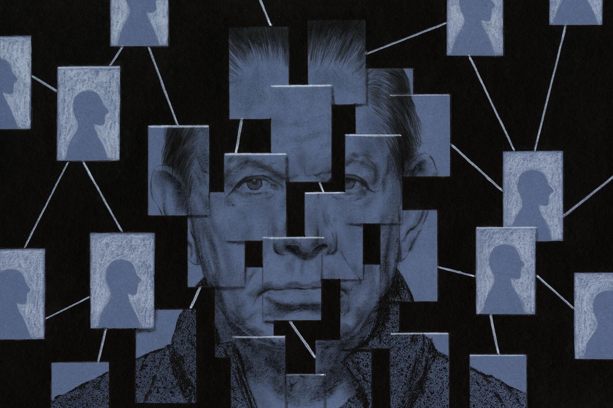 Mosaic photo of a man with floating images surrounding him