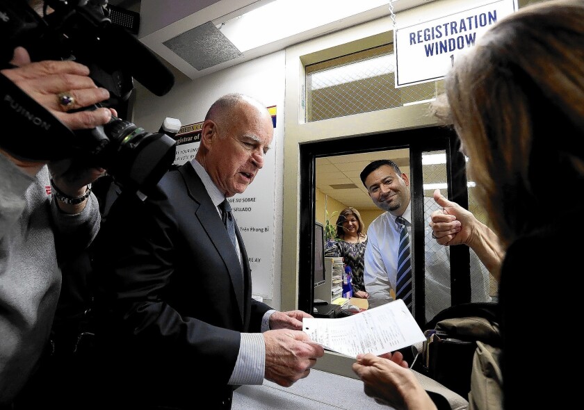 California Gov. Jerry Brown launches his 2014 reelection campaign without pomp and circumstance, as he files his paperwork at the Alameda County's Registrar of Voters office in Oakland.
