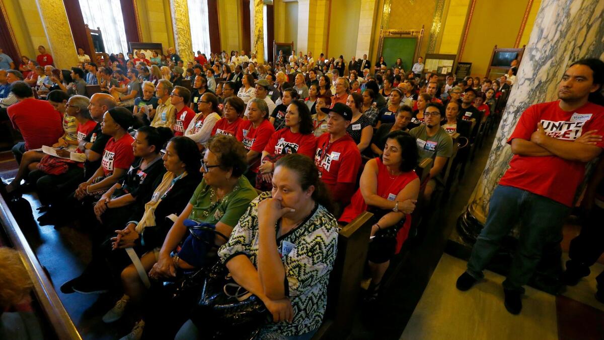 An overflow crowd fills the L.A. City Council chamber in June 2016 as the planning commission considers imposing new regulations on short-term rentals.