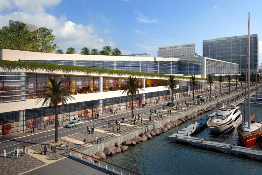The San Diego Convention Center expansion would enclose the truck docks and include retail space along a beautified promenade leading to Embarcadero Marino Park South.