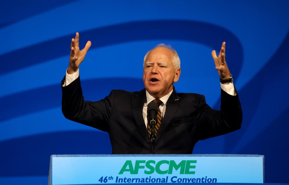 Minnesota Gov. Tim Walz speaks at the AFSCME's 46th International Convention in Los Angeles on Aug. 13. 