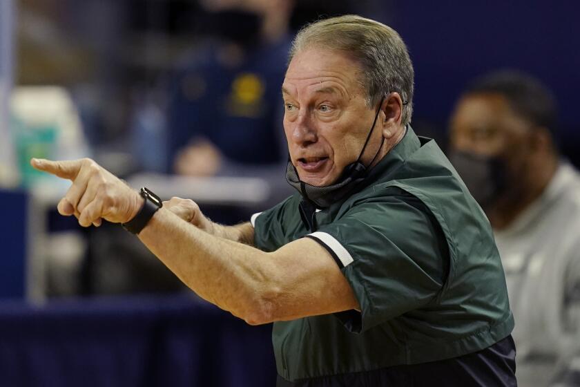 FILE- In this Thursday, March 4, 2021, file photo, Michigan State head coach Tom Izzo.