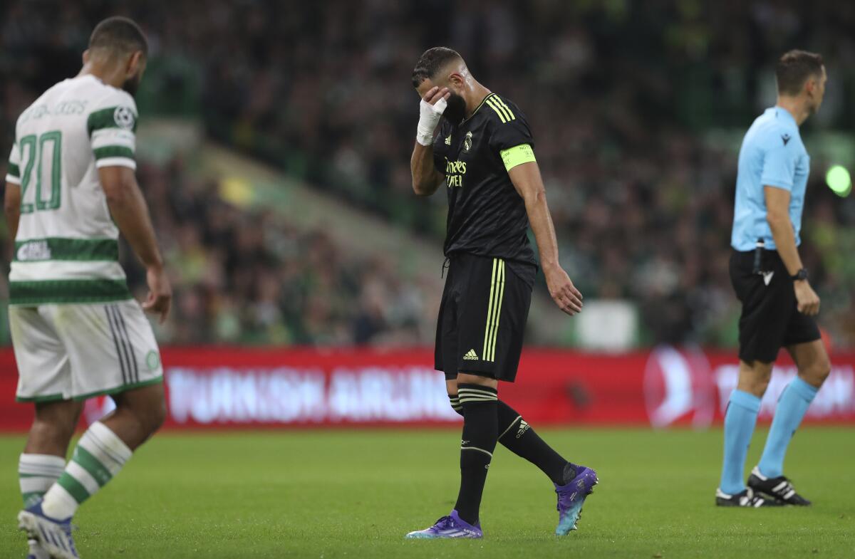 Real Madrid's Karim Benzema reacts during the Champions League Group F soccer match between Celtic and Real Madrid at Celtic park, Glasgow, Scotland, Tuesday, Sept. 6, 2022. (AP Photo/Scott Heppell)