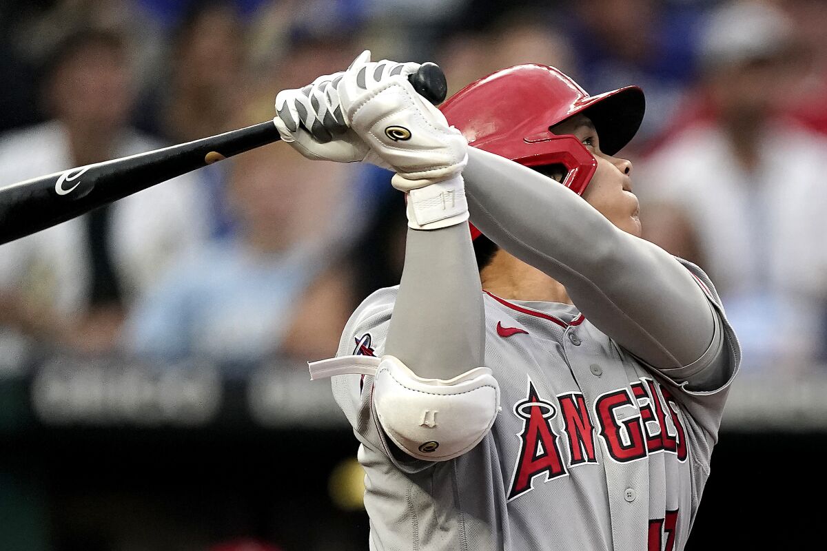 Angels' Shohei Ohtani watches his solo home run during the third inning against the Kansas City Royals.