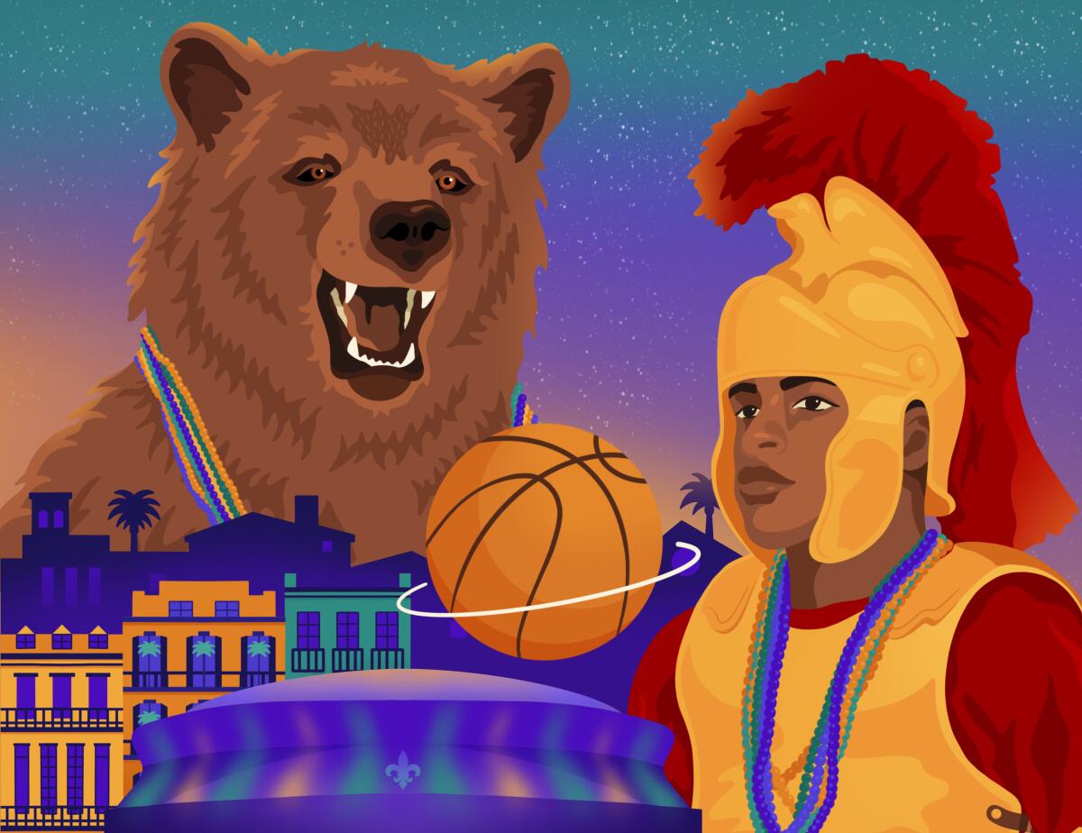 Illustration of a Bruin, a Trojan and a basketball in with New Orleans buildings in purple, yellow and green around them.