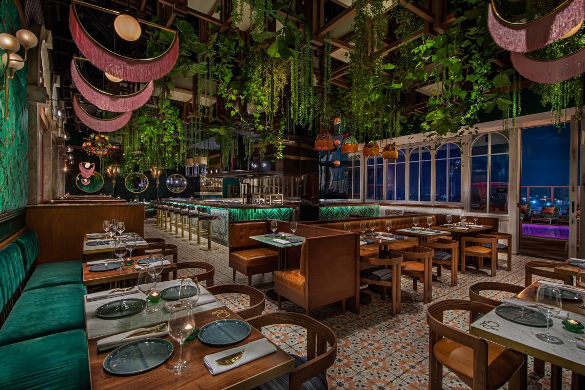A restaurant dining room with plants hanging from the ceiling.