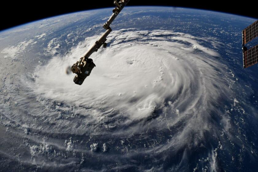 HANDOUT EDITORIAL USE ONLY/NO SALES Mandatory Credit: Photo by RICKY ARNOLD HANDOUT/EPA-EFE/REX/Shutterstock (9878601a) A handout photo made available by NASA shows Hurricane Florence over the Atlantic Ocean, seen from the International Space Station, (issued 10 September 2018). Hurricane Florence has been upgraded to a Category 4 and is expected to strengthen. It continues on its path toward the East Coast of the United States and is predicted to make landfall on 14 September. Hurricane Florence seen from Space Station, - - 10 Sep 2018 ** Usable by LA, CT and MoD ONLY **
