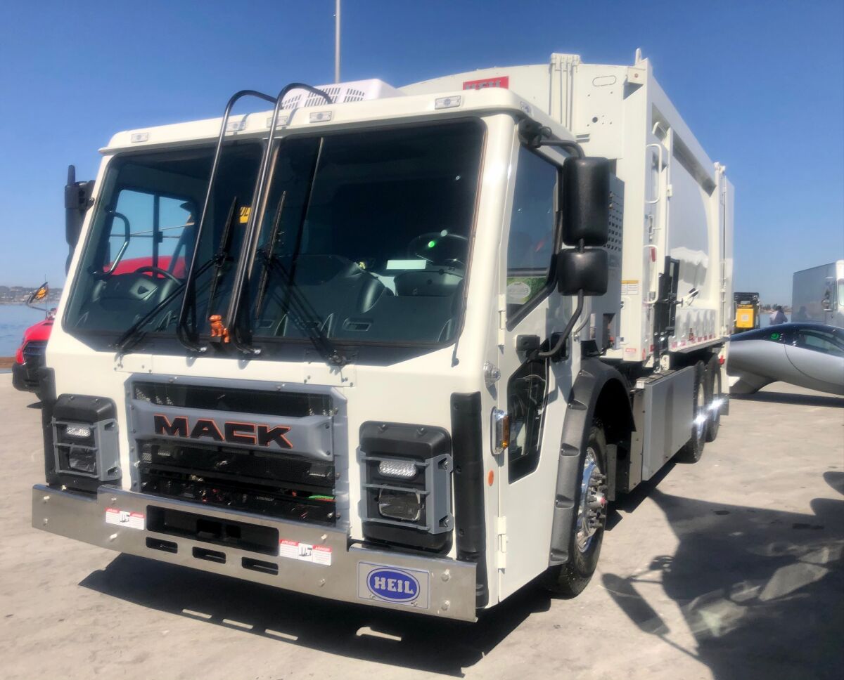 The Mack LR Electric garbage truck.
