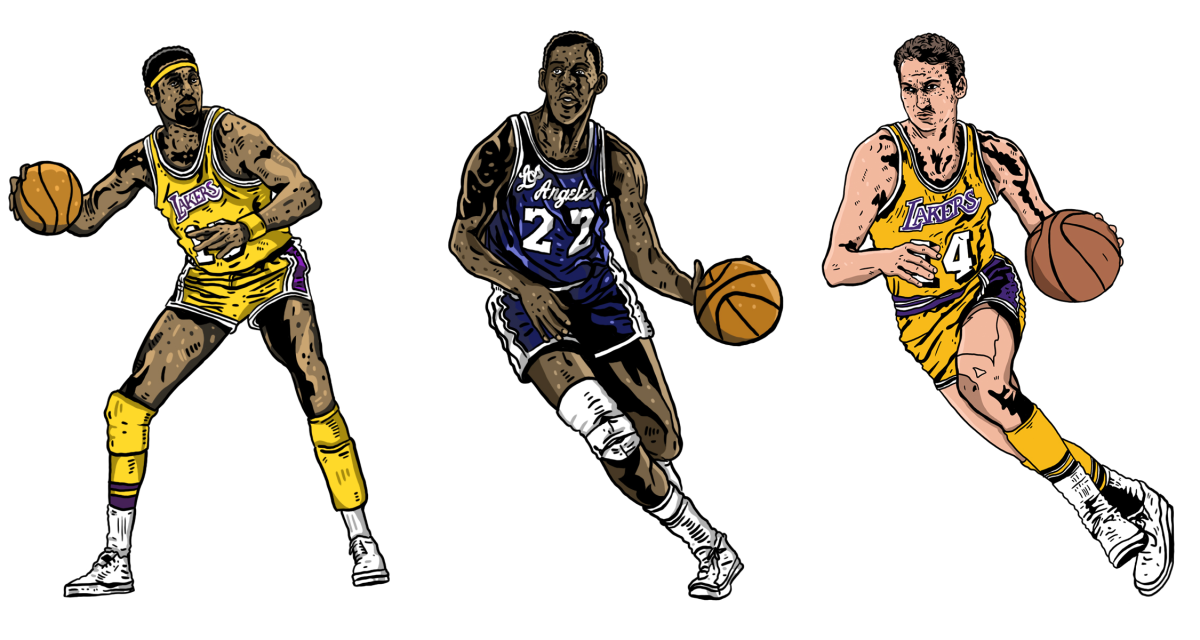 Illustrations of Lakers greats (from left) Wilt Chamberlain, Elgin Baylor and Jerry West.