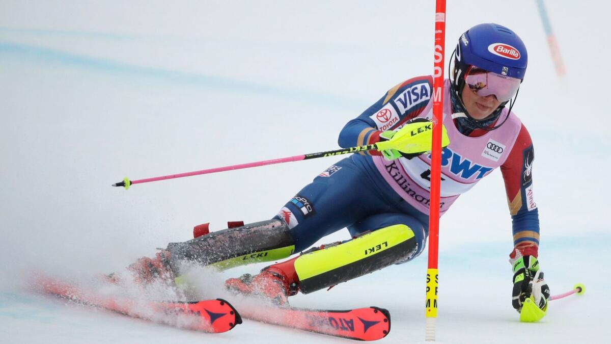 Mikaela Shiffrin, of the United States, competes during her first run in the women's FIS Alpine Skiing World Cup slalom race.