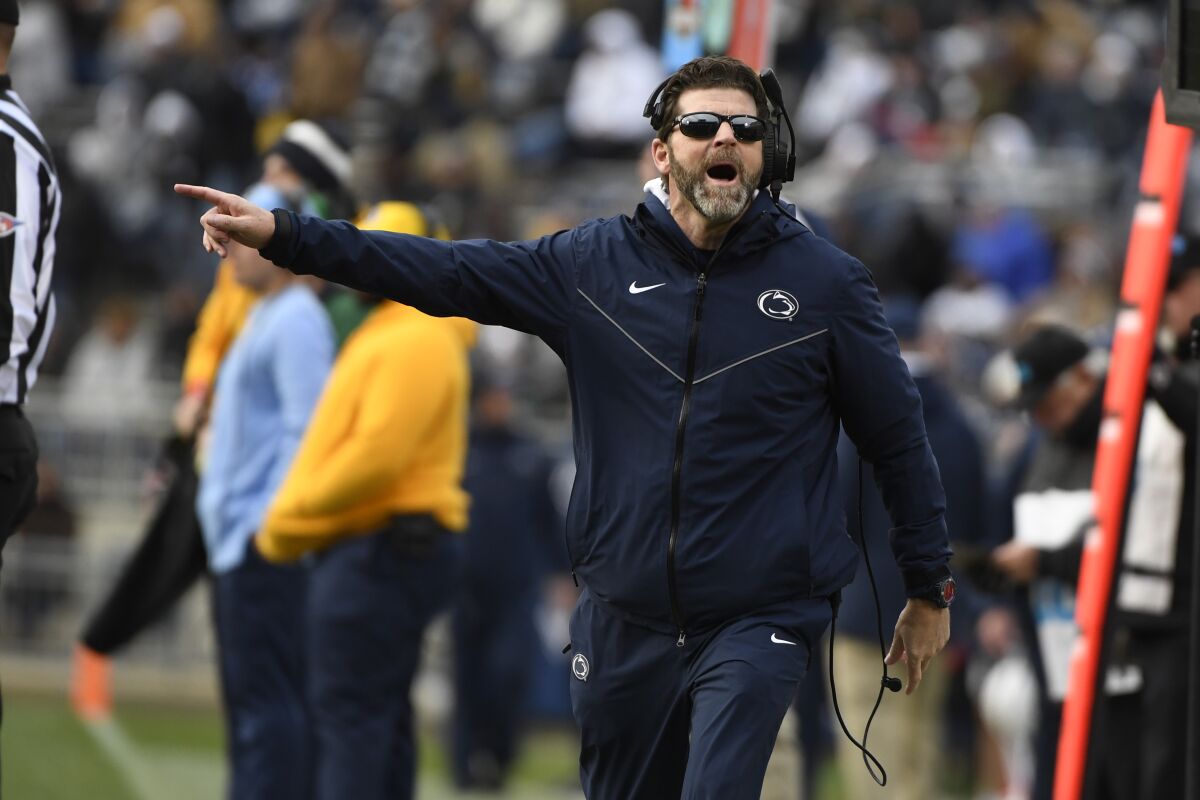 Penn State defensive coordinator Brent Pry gestures during a game against Rutgers on Nov. 20.