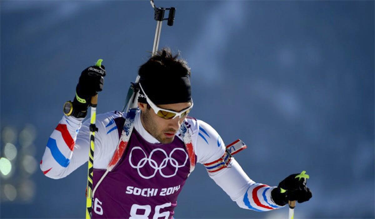 Martin Fourcade of France skis during a biathlon training session at the Laura Centre in Rosa Khutor before the start of the 2014 Sochi Olympic Winter Games.