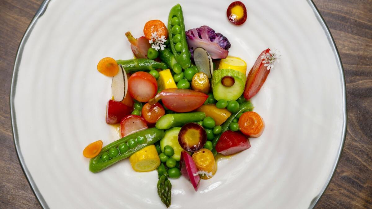A dish of roasted, braised, steamed and raw vegetables is on the menu at Spring in downtown L.A.