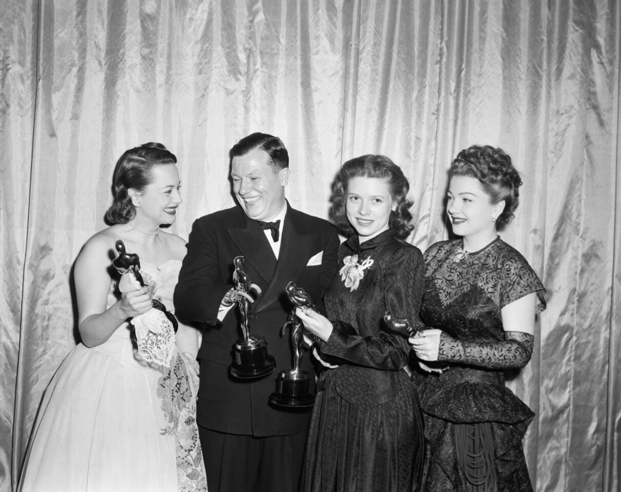 Oscar winners on March 13, 1947, in Hollywood, from left: Olivia de Havilland, Harold Russell, Cathy O'Donnell, who accepted the best actor's award for Fredric March, and Ann Baxter.