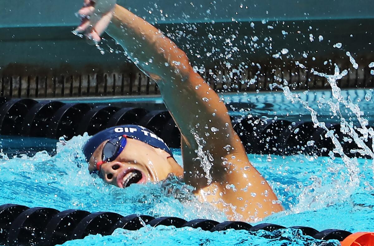 Marina's Winston Lee competes in the Division 3 boys' 200 yard freestyle on Saturday at Riverside City College.
