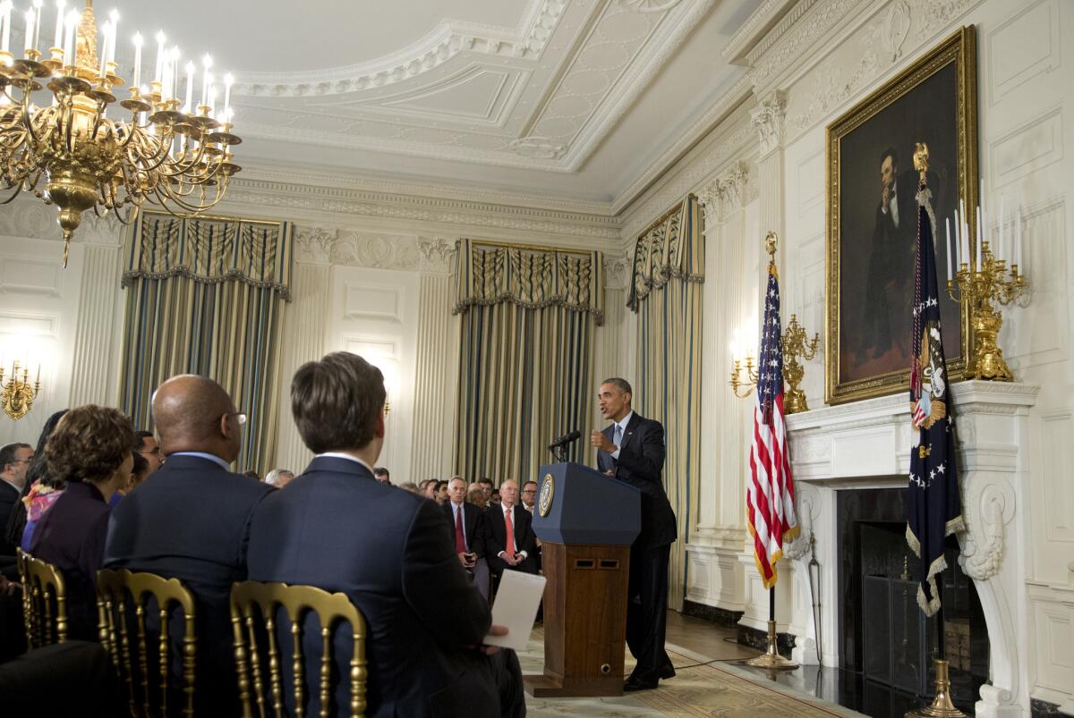 President Obama speaks during a news conference in the State Dining Room of the White House, rejecting Russia's military campaign in Syria, saying it fails to distinguish between terrorist groups and moderate rebel forces.