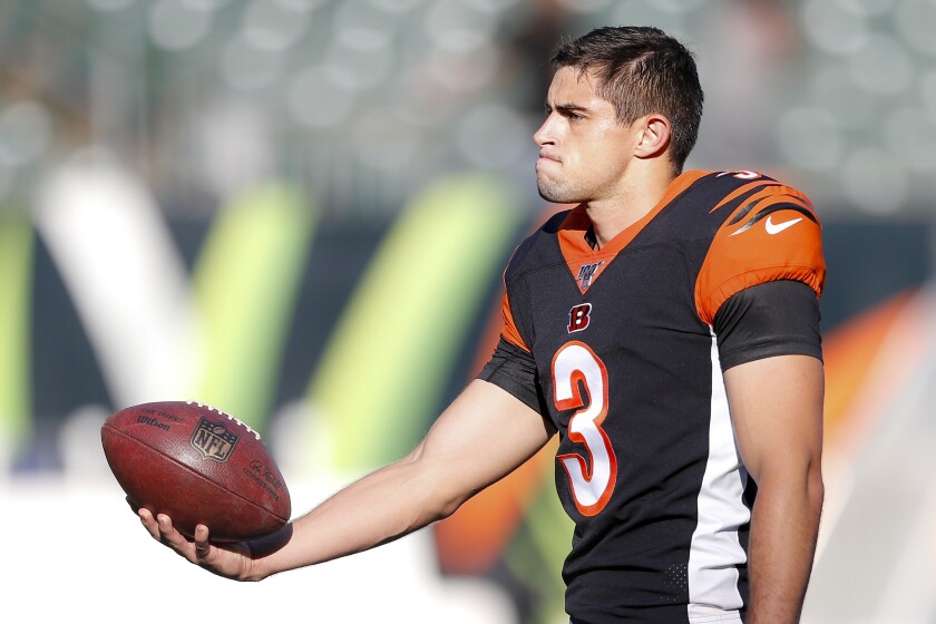 Kicker Tristan Vizcaino practices before a game.