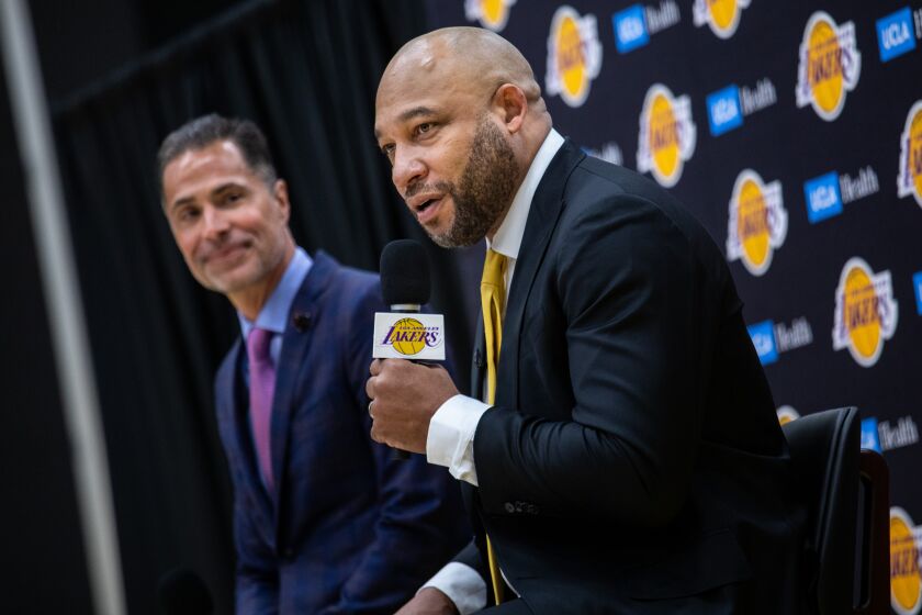 El Segundo, CA - June 06: New Los Angeles Lakers head coach Darvin Ham is introduced by Lakers general manager Rob Pelinka, at the UCLA Health Training Center, in El Segundo, CA, Monday, June 6, 2022. (Jay L. Clendenin / Los Angeles Times)