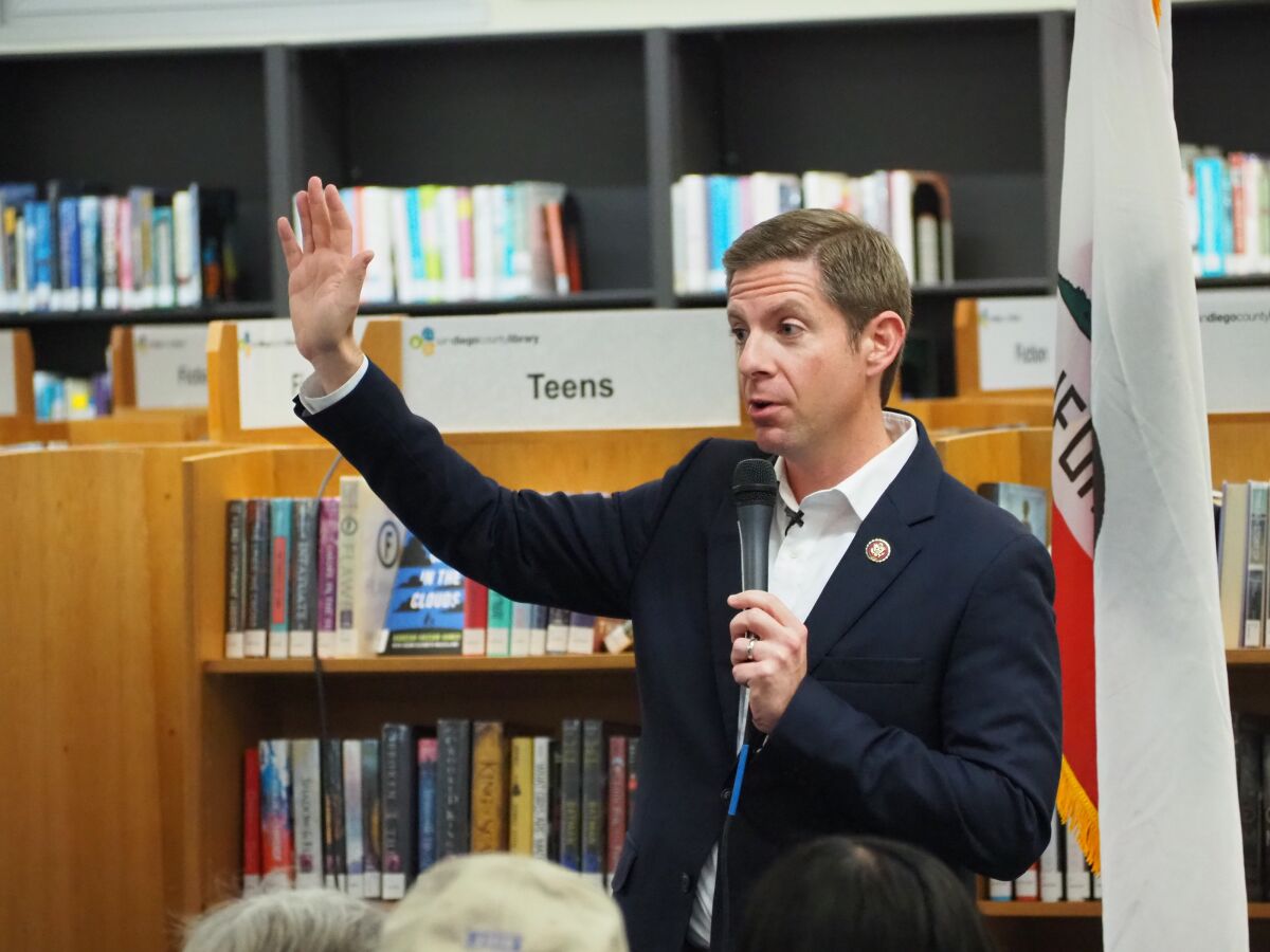 U.S. Rep. Mike Levin addressed constituents at the Solana Beach library during the 11th town hall he's hosted in his 11 months in office.