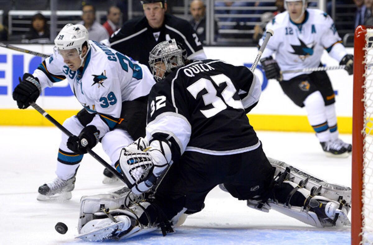 Center Logan Couture (39) and the Sharks will renew their playoff rivalry for the third time in four years against goalie Jonathan Quick (32) and the Kings next week in the first round of the Stanley Cup playoffs.
