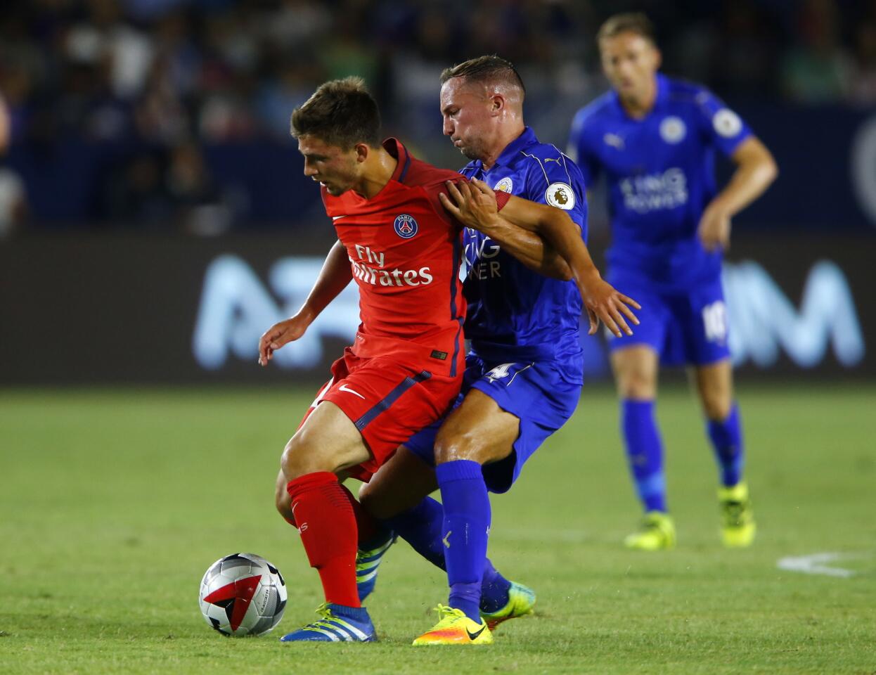 Football - Paris St Germain v Leicester City - International Champions Cup - StubHub Center, Carson, California - 30/7/16 Paris St Germain's Lorenzo Callegari (L) in action with Leicester City's Danny Drinkwater Reuters / Mike Blake Livepic ** Usable by SD ONLY **