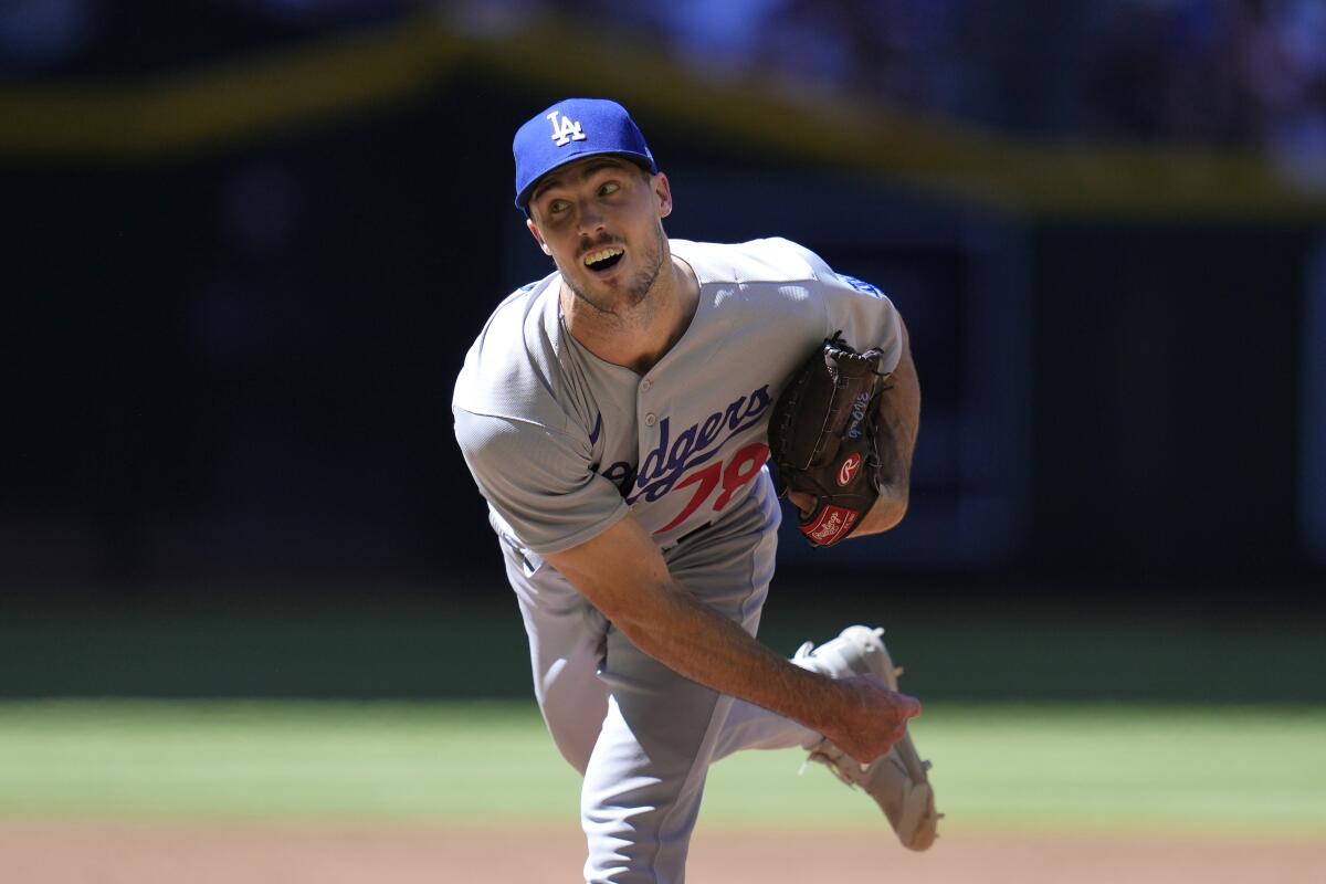 Dodgers starting pitcher Michael Grove throws against the Arizona Diamondbacks on April 9.