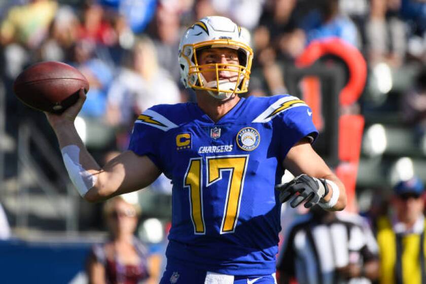 CARSON, CA - NOVEMBER 25: Quarterback Philip Rivers #17 of the Los Angeles Chargers passes in the first quarter against the Arizona Cardinals at StubHub Center on November 25, 2018 in Carson, California. (Photo by Harry How/Getty Images)