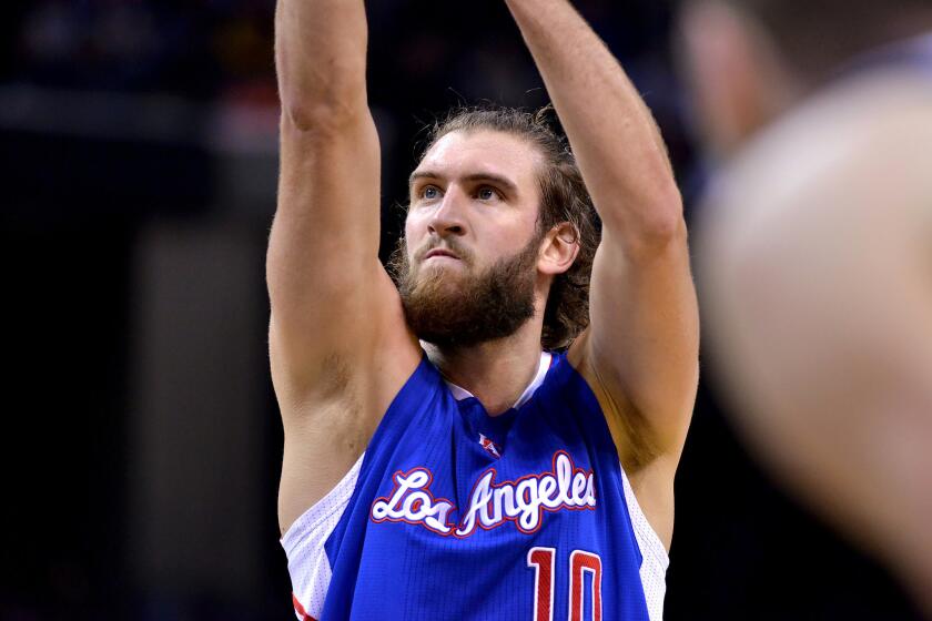 Clippers forward Spencer Hawes shoots a free throw during the first half of a game Feb. 27 against the Memphis Grizzlies.