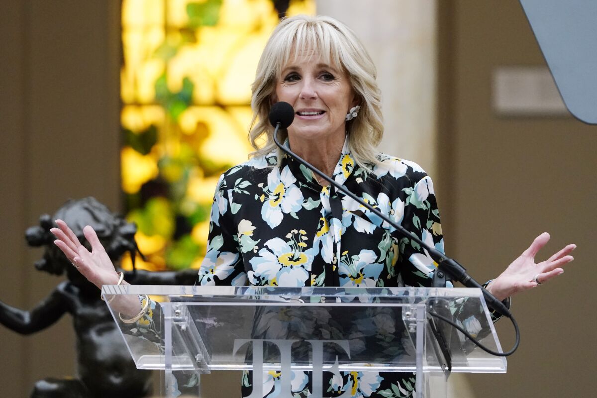 First lady Jill Biden speaks at the unveiling of the Met Museum Costume Institute's exhibit "In America: A Lexicon of Fashion" on Monday, May 2, 2022, in New York. (Photo by Charles Sykes/Invision/AP)