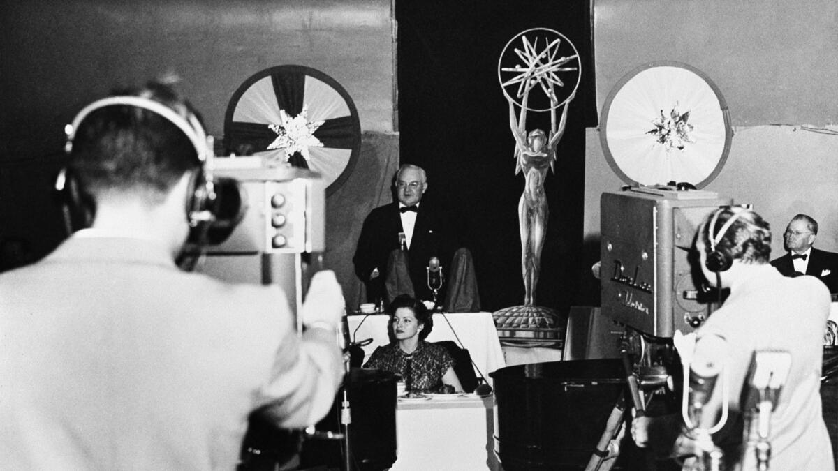 The 1st Annual Primetime Emmy Awards with Mayor Fletcher Bowron, center, and Evie deWolf.