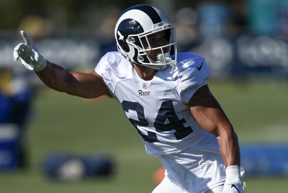 Los Angeles Rams safety Taylor Rapp takes part in practice at training camp July 29 in Irvine.