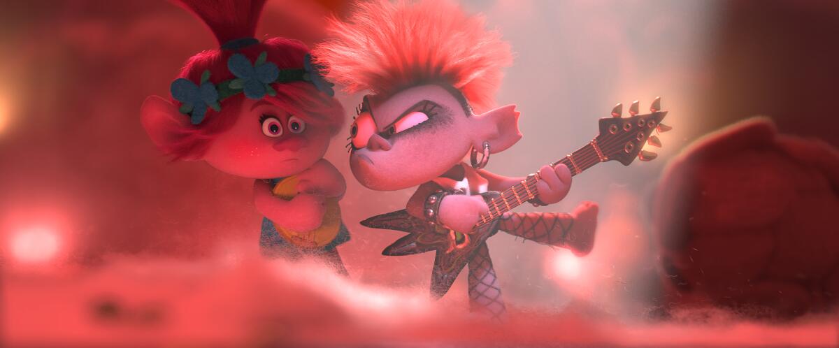 Poppy (voiced by Anna Kendrick), left, and Barb (Rachel Bloom) in the movie "Trolls World Tour."