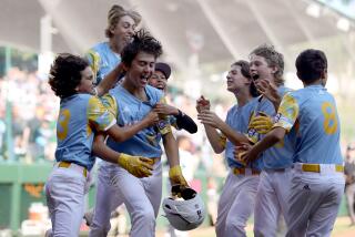 SOUTH WILLIAMSPORT, PENNSYLVANIA - AUGUST 27: Louis Lappe #19 of the West Region team from El Segundo, California celebrates with teammates after hitting a walk-off home run to defeat the Caribbean Region team from Willemstad, Curacao during the Little League World Series Championship Game at Little League International Complex on August 27, 2023 in South Williamsport, Pennsylvania. (Photo by Tim Nwachukwu/Getty Images)
