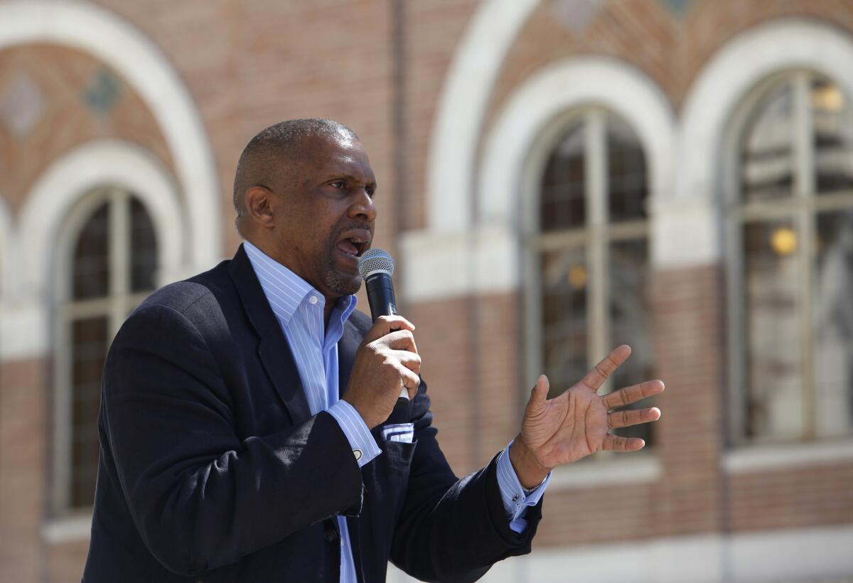 Tavis Smiley, author of "My Journey with Maya," speaks at the Los Angeles Times Festival of Books on the USC campus.